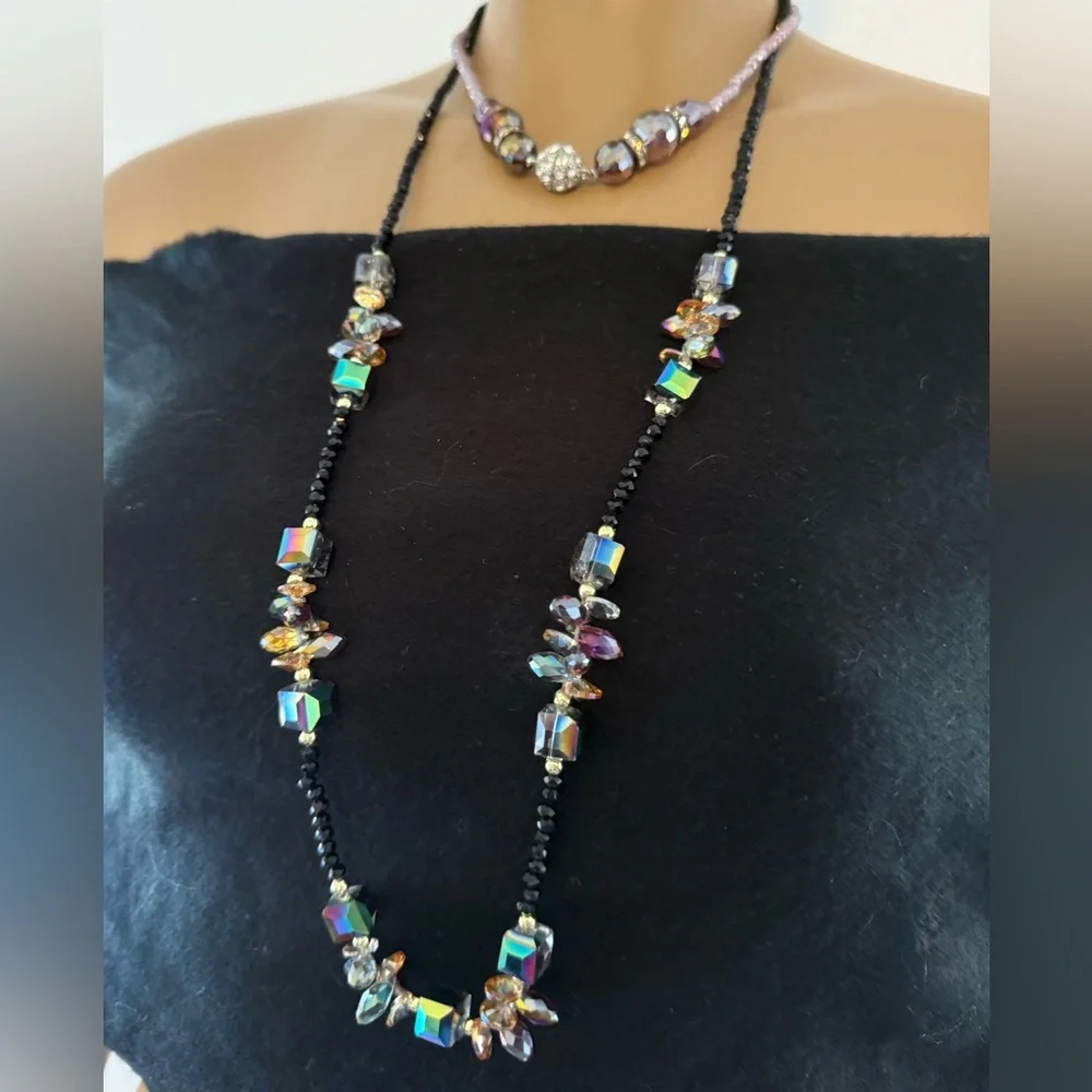 Layered Necklace Rhinestone Black Lavender Crystal Bead Hi-Lo Handmade Designer - Picture 5 of 10